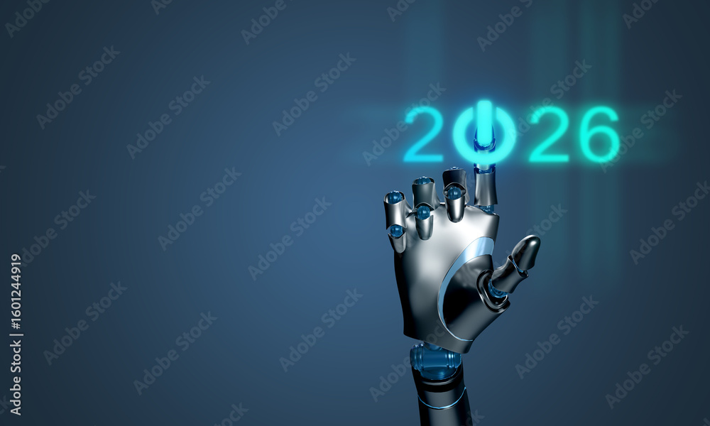 Fototapete 2026 happy new year click push button robotic hand finger touchscreen 2026 futurist technology electronic cyborg artificial intelligence ai modern copy space blue element background 2026 robotic 2026