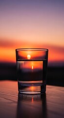 Glass of water reflecting vibrant sunset sky on wooden surface