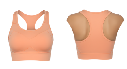 A stylish, seamless sports bra in a soft peach color displayed from the front and back, ideal for activewear photography