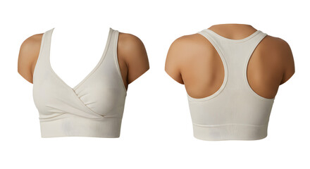 A stylish, seamless white sports bra displayed on a mannequin, highlighting its design and texture against a plain background