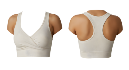A stylish, seamless white sports bra displayed on a mannequin, highlighting its design and texture against a plain background