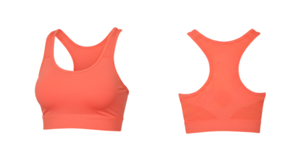 A vibrant coral sports bra displayed from the front and back, ideal for fitness enthusiasts and activewear collections