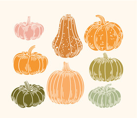 Set of original hand-drawn illustrations of autumn Halloween pumpkins in a minimalist style. Vector illustrations for posters, cards, and graphic design.