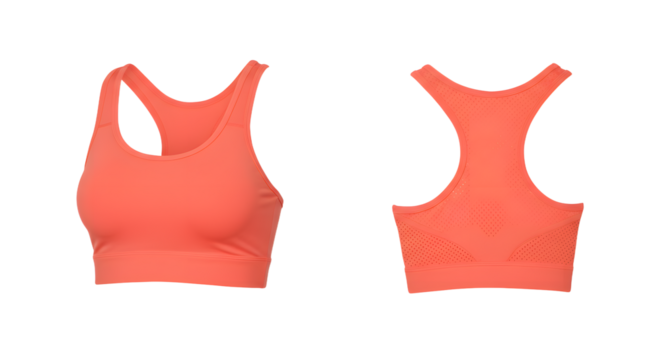 A vibrant coral sports bra displayed from the front and back, ideal for fitness enthusiasts and activewear collections