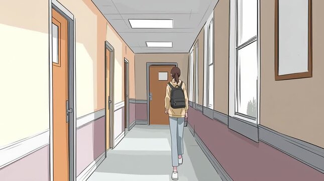 Hallway of a university dormitory for students filled with doors to dorm rooms