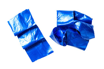 a pair of blue plastic bags on a white surface