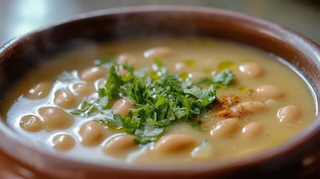 A warm bowl of bean soup garnished with fresh herbs, perfect for comfort food or a cozy dinner