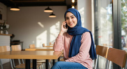 young woman talking on the phone in a cafe