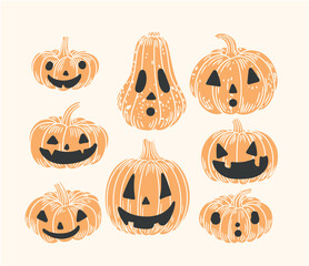 Set of original hand-drawn illustrations of autumn Halloween pumpkins in a minimalist style.  illustrations for posters, cards, and graphic design.