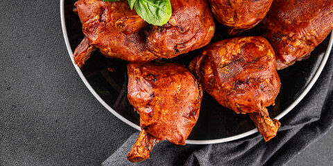 Knuckle smoked meat cooked ham roulka fresh shank delicious gourmet food background on the table rustic food top view copy space