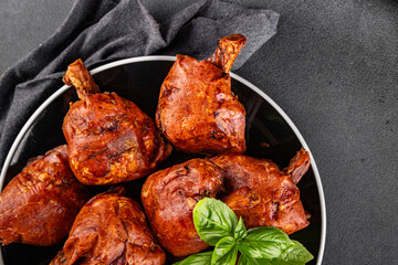 Knuckle smoked meat cooked ham roulka fresh shank delicious gourmet food background on the table rustic food top view copy space