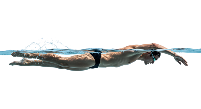 Competitive swimmer gliding through clear water, showcasing perfect form and technique in a serene aquatic environment