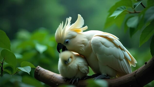 Cockatoo preening its chick