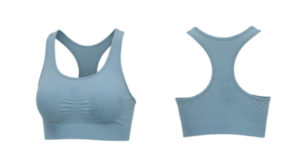 Light blue sports bra showcasing front and back views, ideal for fitness enthusiasts, set against a neutral background