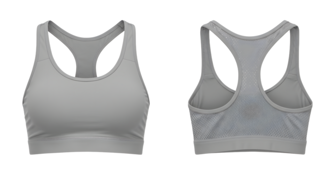 Gray sports bra showcasing front and back views, with a minimalist design, ideal for fitness and activewear promotions