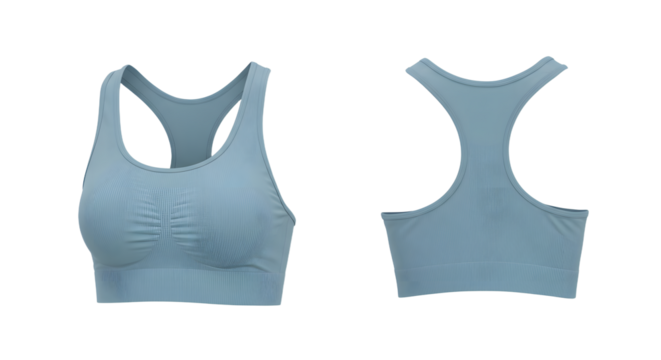 Light blue sports bra showcasing front and back views, ideal for fitness enthusiasts, set against a neutral background