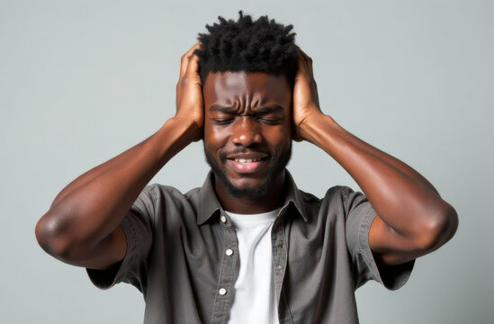 frustrated young african american man covering ears with hands, expressing headache and discomfort on neutral background. overwhelming emotions and pressure. mental health awareness, stress management
