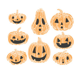 Set of original hand-drawn illustrations of autumn Halloween pumpkins in a minimalist style.  illustrations for posters, cards, and graphic design.