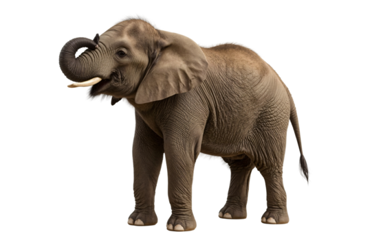 Young African elephant, standing, trunk up, wildlife, safari background, zoo poster
