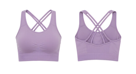 Stylish lavender sports bra with crisscross straps showcased from front and back, perfect for fitness enthusiasts