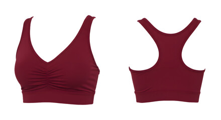 Stylish maroon sports bra displayed from front and back angles, showcasing fabric texture and design, perfect for fitness