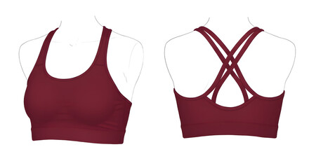 Stylish maroon sports bra with crisscross back design showcased on a mannequin, perfect for fitness and activewear photography