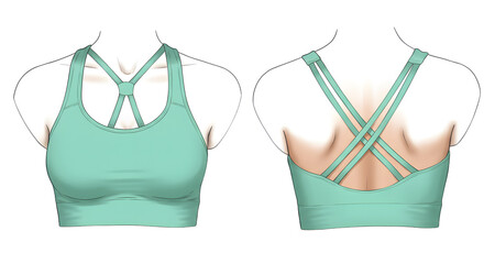 Stylish mint green sports bra with unique back design, showcased on a mannequin against a simple white background