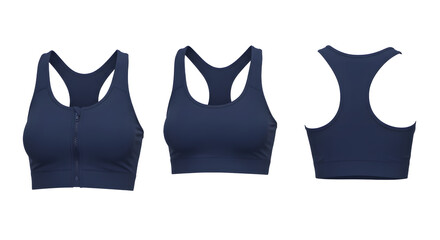 Stylish navy sports bra displayed from three angles, highlighting its design and functionality for active wear enthusiasts