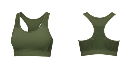 Stylish olive green sports bra displayed from multiple angles, highlighting its design and fabric texture, ideal for fitness enthusiasts
