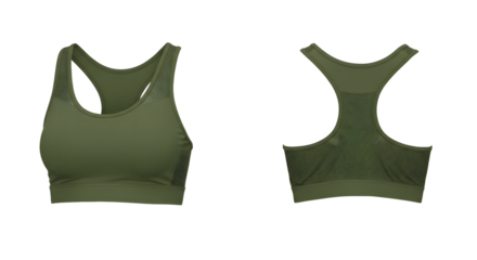Stylish olive green sports bra displayed from multiple angles, highlighting its design and fabric texture, ideal for fitness enthusiasts