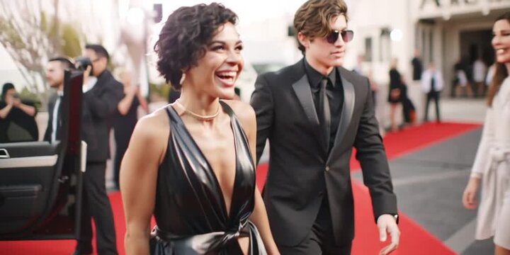 A-list celebrity couple exits limousine at red carpet premiere, 