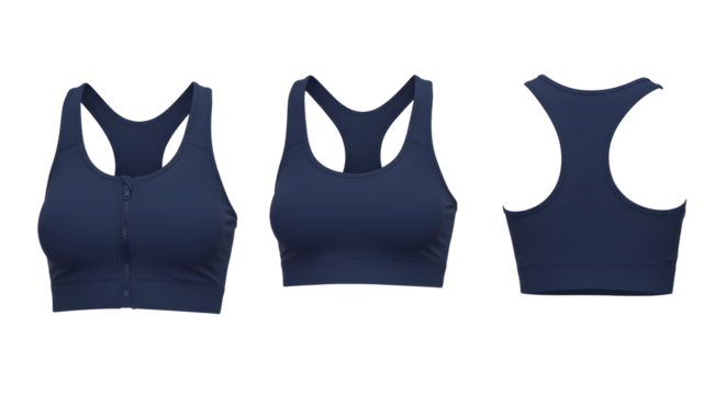 Stylish navy sports bra displayed from three angles, highlighting its design and functionality for active wear enthusiasts