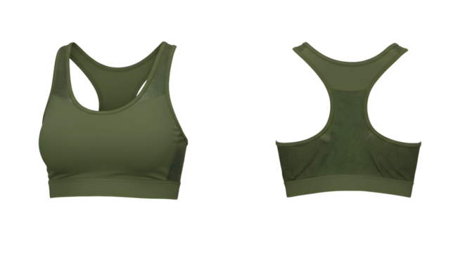 Stylish olive green sports bra displayed from multiple angles, highlighting its design and fabric texture, ideal for fitness enthusiasts - Powered by Adobe