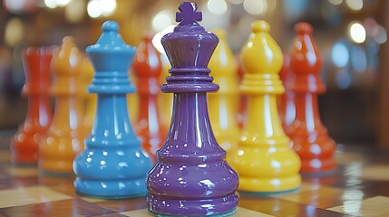 Colorful chess pieces arranged on a wooden board.