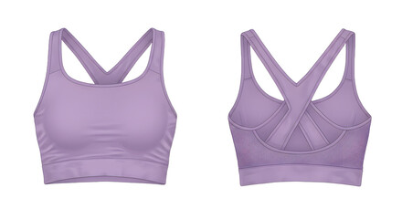 Stylish purple sports bra with a unique crisscross design, set against a minimalist background ideal for fitness promotions