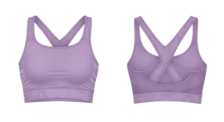 Stylish purple sports bra with a unique crisscross design, set against a minimalist background ideal for fitness promotions