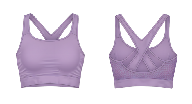 Stylish purple sports bra with a unique crisscross design, set against a minimalist background ideal for fitness promotions