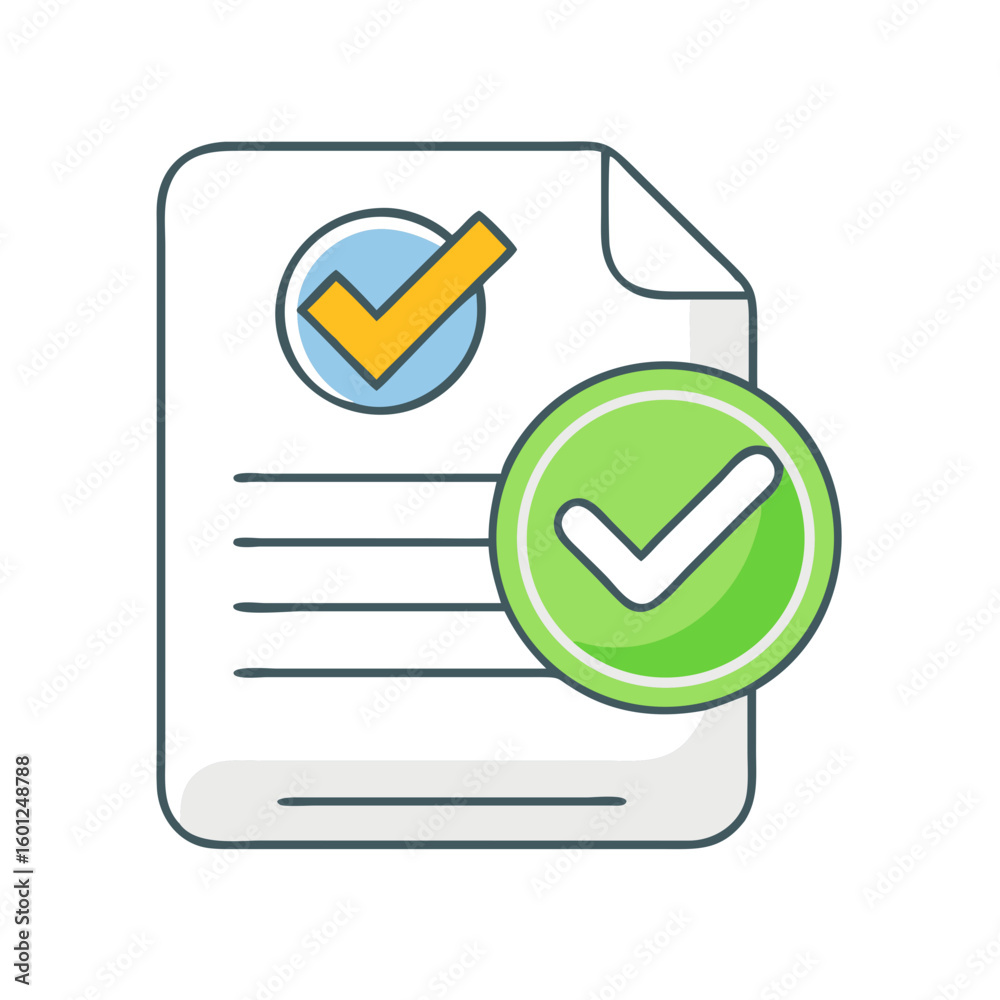 Poster illustration of a document with checkmarks indicating approval or validation status