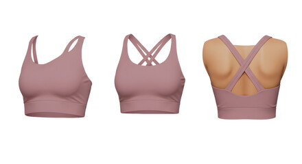 Three views of a stylish, comfortable sports bra in a soft pink hue, showcasing its design and fit for active wear enthusiasts