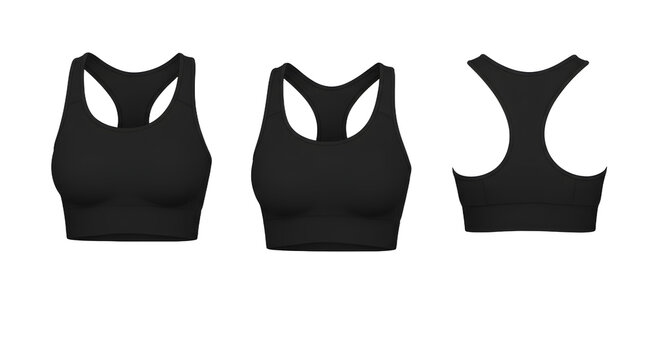 Three-angle view of a sleek black sports bra showcasing its design, ideal for fitness enthusiasts and active lifestyles
