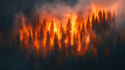 Fiery lightning illuminates a dense forest during a wildfire.