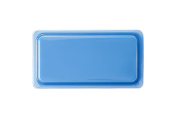 a blue plastic tray with a lid on a white surface