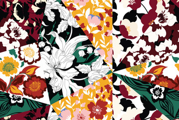 Patchwork pattern design. Seamless flowers collage pattern