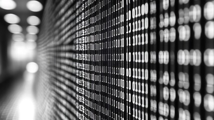 Binary code displayed on a large screen.
