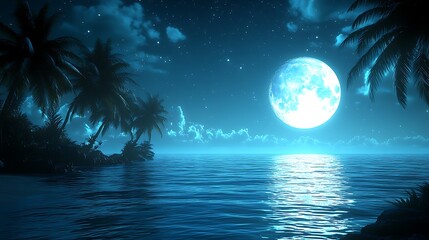 Lush tropical island at night under a full moon.