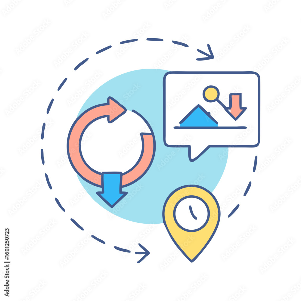 Poster stylized workflow diagram illustrating a process with time and data elements