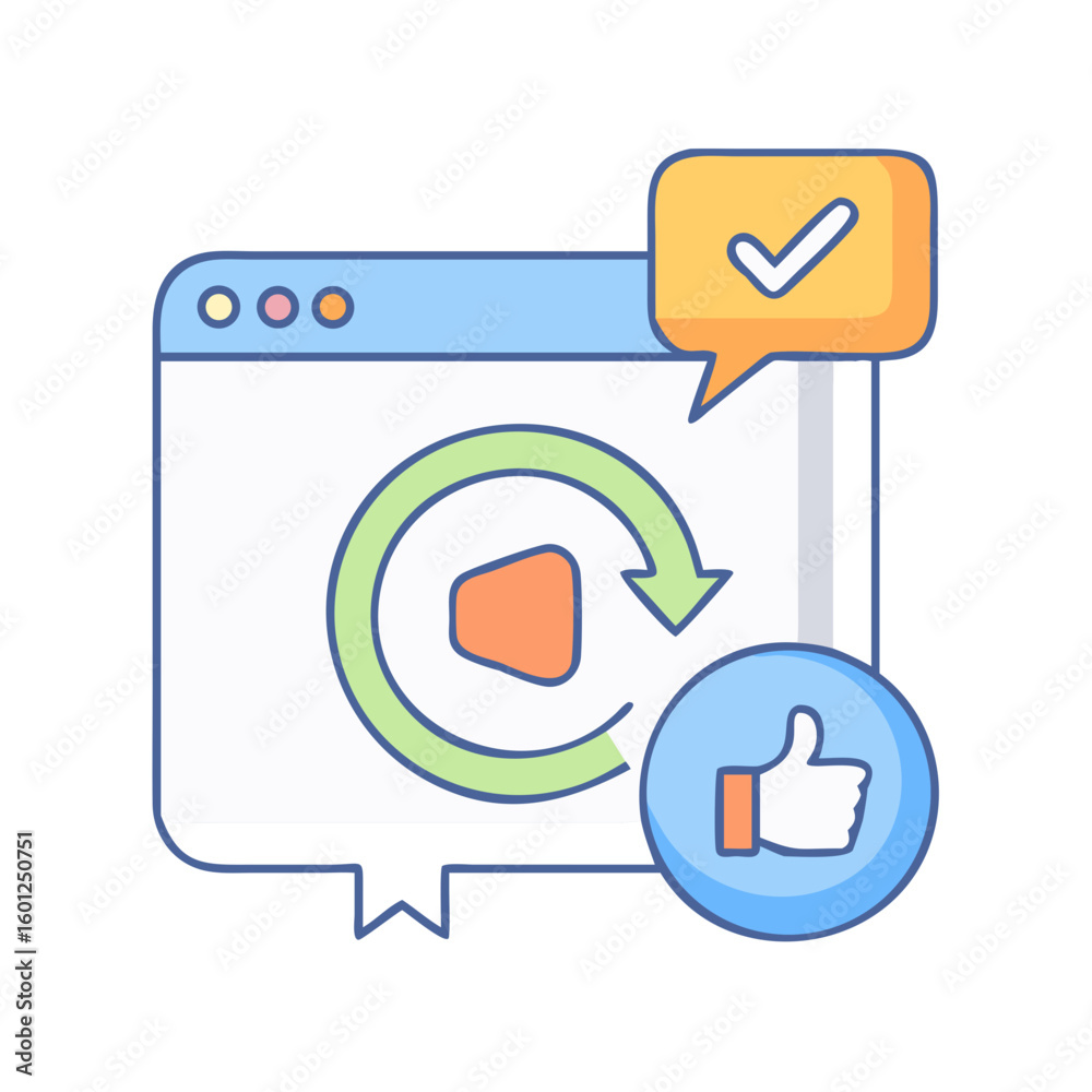 Poster web page with refresh icon thumbs up and check mark notification