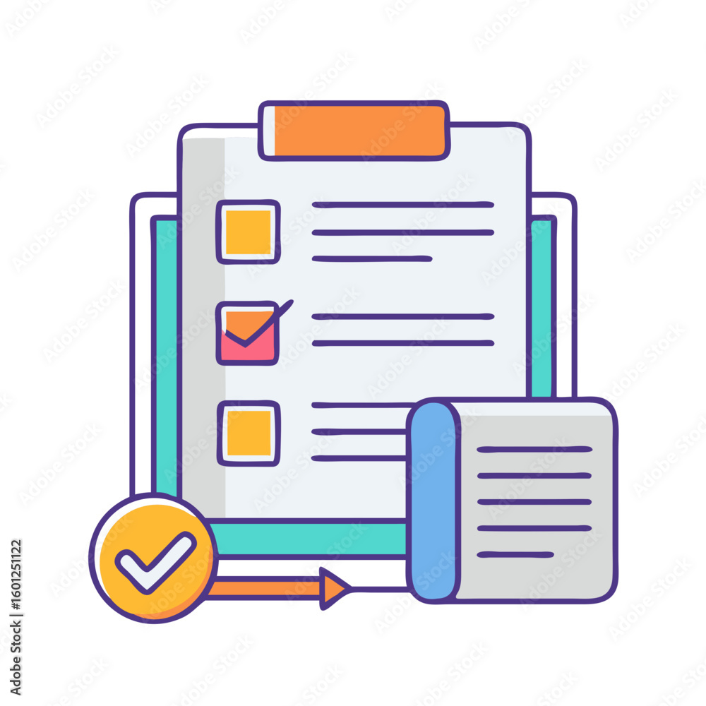 Poster stylized clipboard with checkmarks and scroll, representing task completion and approval