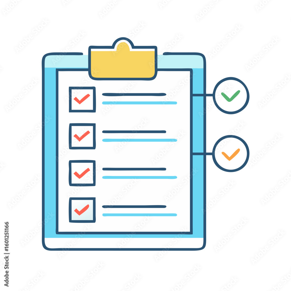Aufkleber checklist on clipboard showing task completion with tick marks and checkboxes