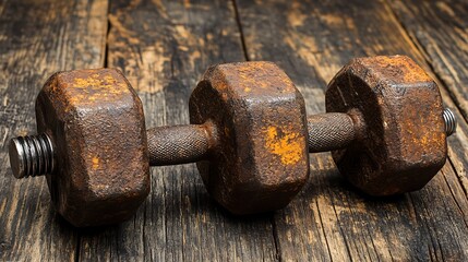 Rusted dumbbells on a wooden surface.